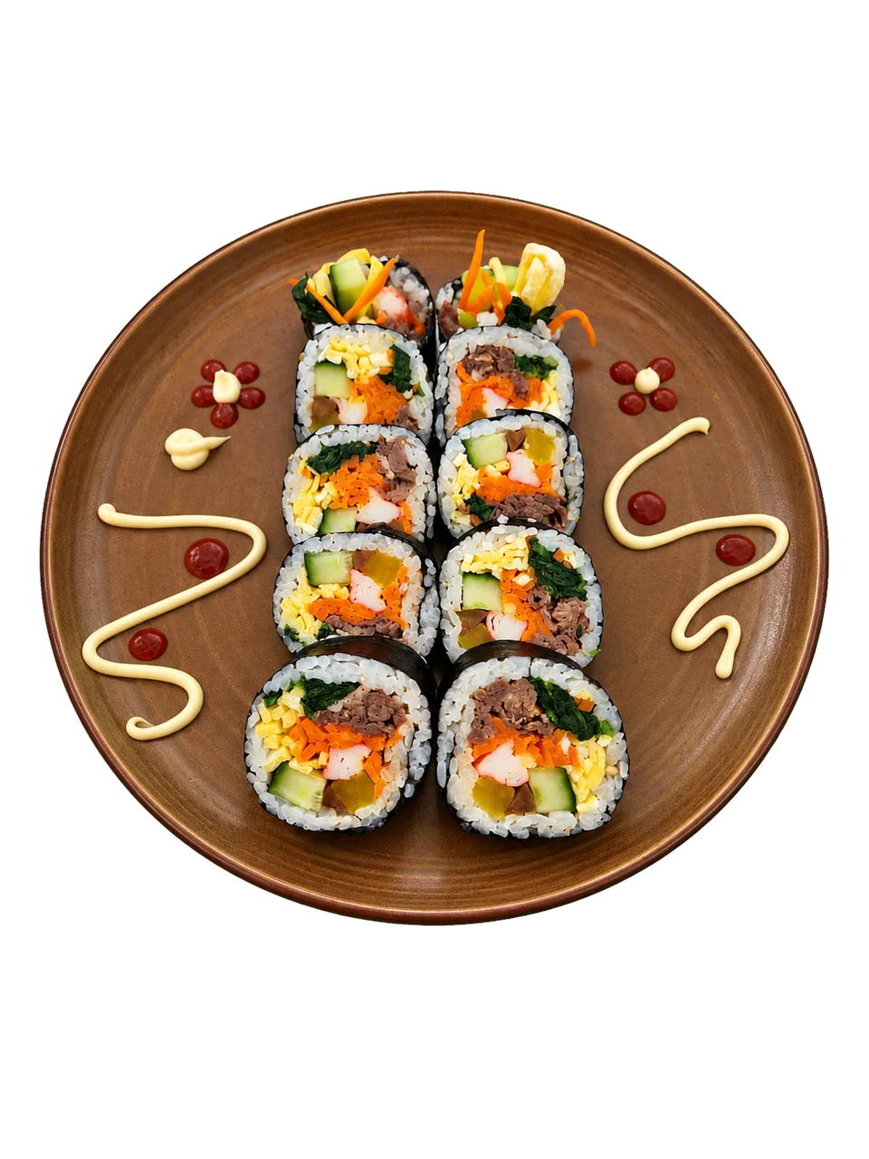 Bulgogi kimbap arranged on a warm brown plate.
