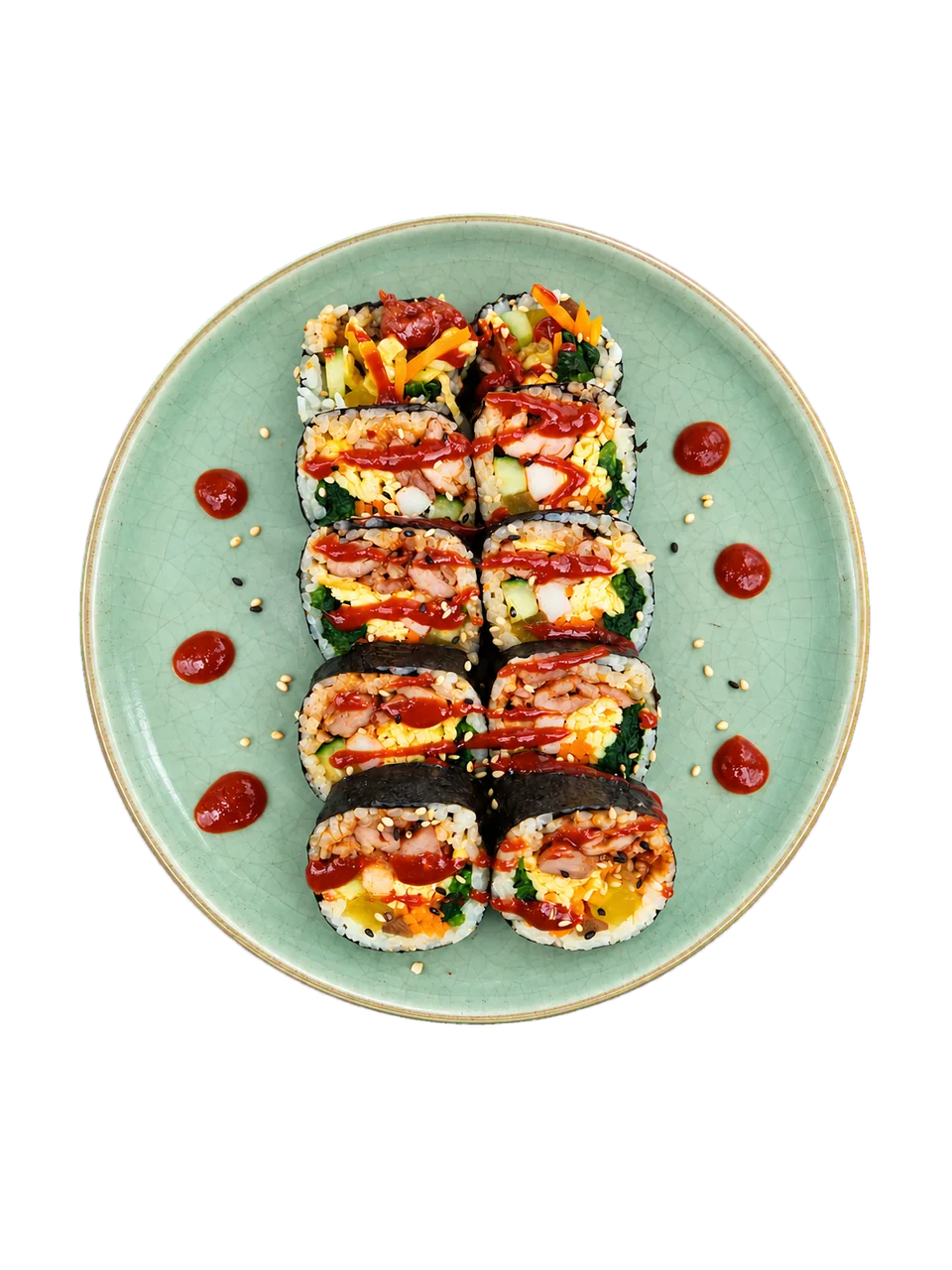 Fresh kimbap drizzled with spicy sauce
