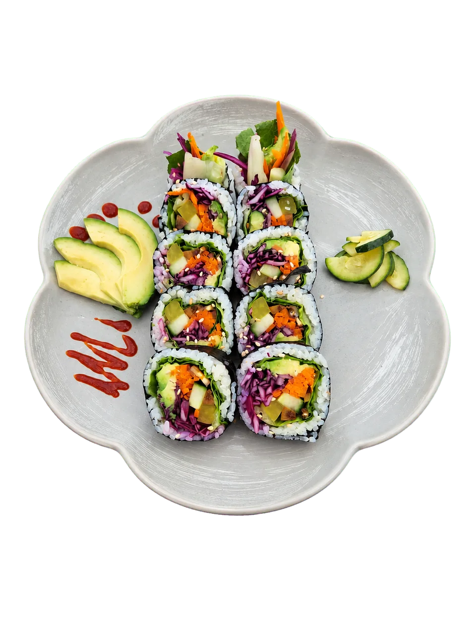 Colourful vegetarian kimbap with avocado and cucumber.